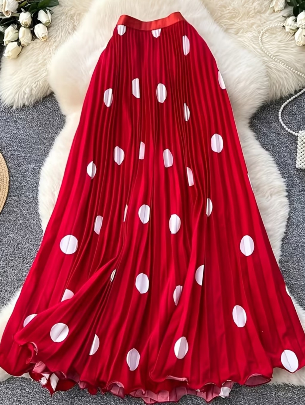 Women's Elegant Pleated Long Skirt, Fashionable Versatile Polka Dot Half Skirt